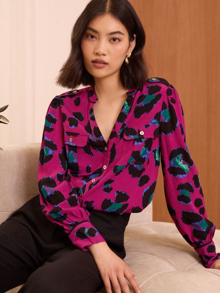 Love & Roses Pink Leopard Printed Utility Long Sleeve Shirt - Image 1 of 4