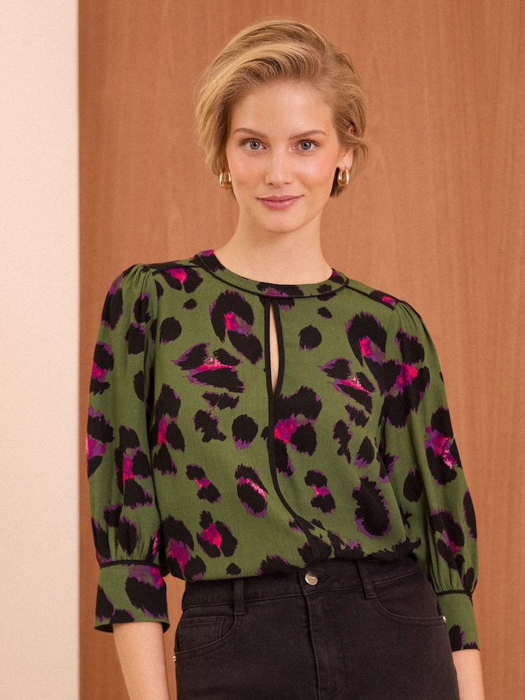 Love & Roses Khaki Animal Petite Animal Tipped Crew Neck Long Sleeve Blouse - Image 1 of 4