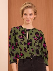 Love & Roses Khaki Animal Animal Tipped Crew Neck Long Sleeve Blouse - Image 1 of 4