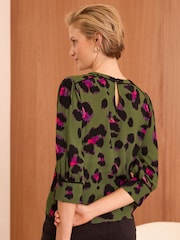 Love & Roses Khaki Animal Animal Tipped Crew Neck Long Sleeve Blouse - Image 3 of 4