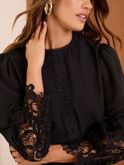 Love & Roses Black Lace Cuff Crew Neck Blouse - Image 2 of 4