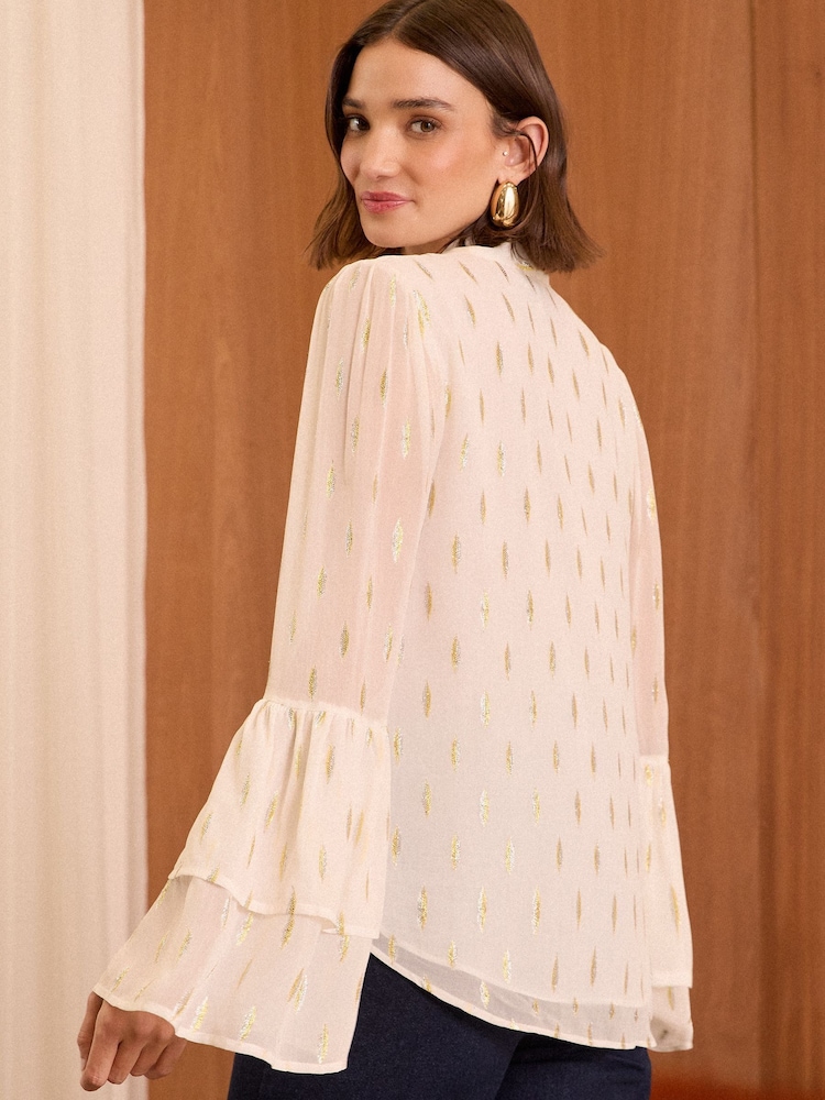 Love & Roses Ivory White Metallic Pussy Bow Flute Sleeve Blouse - Image 3 of 4