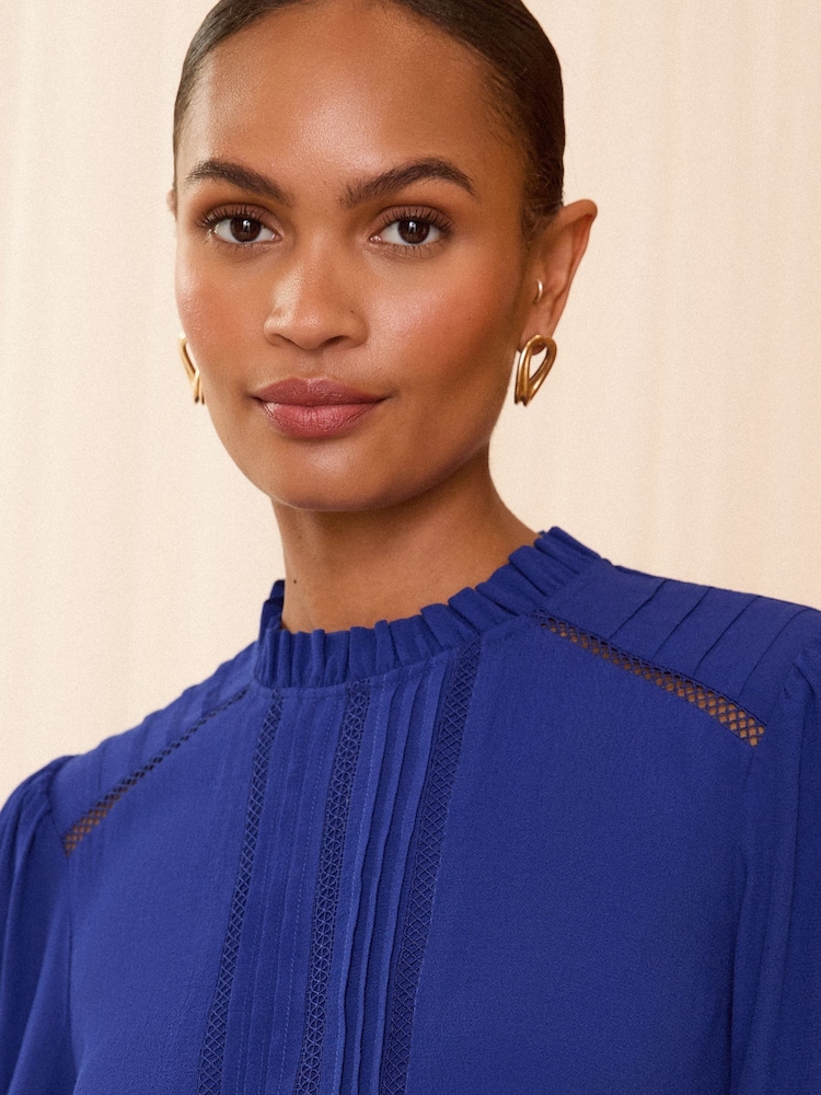 Blue - Love & Roses Ruffle Neck Pintuck Detail Long Sleeve Blouse - Image 2 of 4