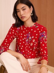 Love & Roses Red Floral Scallop Pintuck Flute Sleeve Blouse - Image 1 of 4