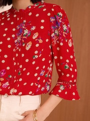 Love & Roses Red Floral Scallop Pintuck Flute Sleeve Blouse - Image 2 of 4