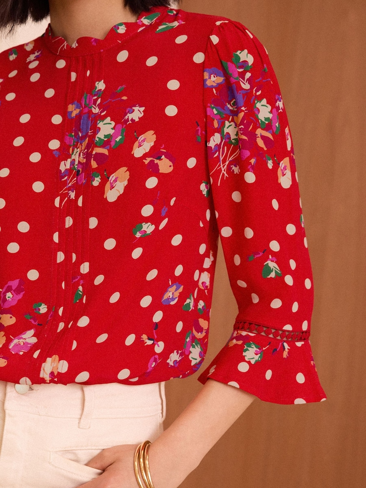 Love & Roses Red Floral Scallop Pintuck Flute Sleeve Blouse - Image 2 of 4