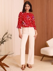 Love & Roses Red Floral Scallop Pintuck Flute Sleeve Blouse - Image 3 of 4
