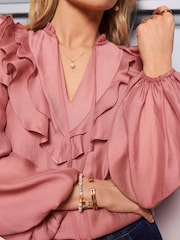 Love & Roses Pink Satin Ruffle Tie Neck Long Sleeve Blouse - Image 4 of 4