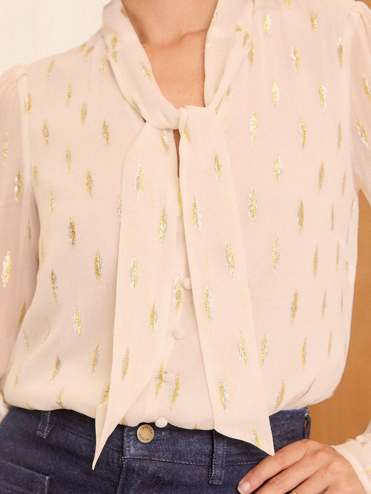 Love & Roses Ivory White Petite Metallic Pussy Bow Flute Sleeve Blouse - Image 4 of 4