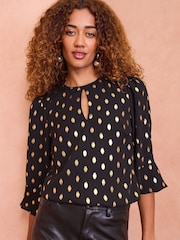 Love & Roses Black Foil Printed Tipped Keyhole Blouse - Image 1 of 4