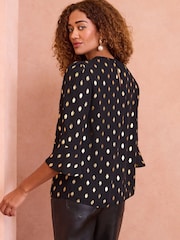 Love & Roses Black Foil Printed Tipped Keyhole Blouse - Image 3 of 4