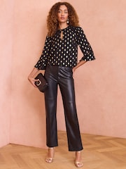 Love & Roses Black Foil Printed Tipped Keyhole Blouse - Image 4 of 4