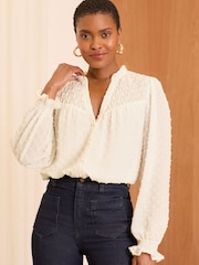 Love & Roses Cream Shirred Yoke Dobby Long Sleeve Blouse - Image 1 of 4