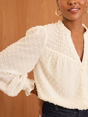 Love & Roses Cream Shirred Yoke Dobby Long Sleeve Blouse - Image 2 of 4