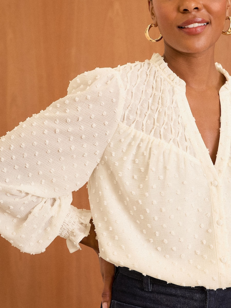 Love & Roses Cream Shirred Yoke Dobby Long Sleeve Blouse - Image 2 of 4