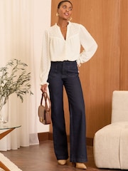 Love & Roses Cream Shirred Yoke Dobby Long Sleeve Blouse - Image 4 of 4