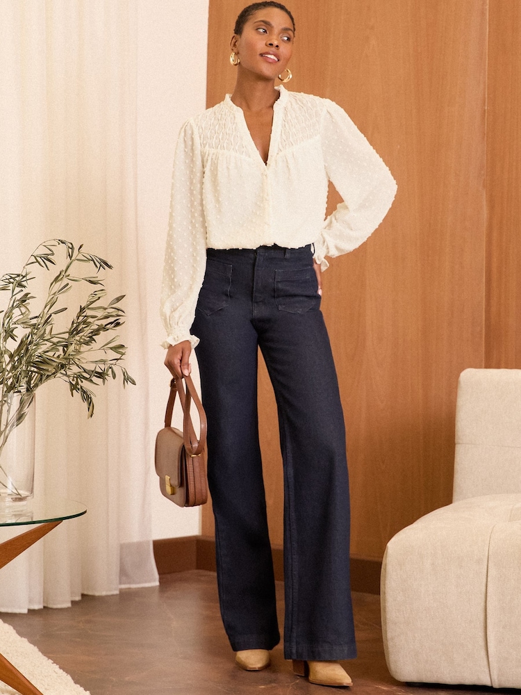 Love & Roses Cream Shirred Yoke Dobby Long Sleeve Blouse - Image 4 of 4
