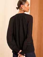 Love & Roses Black Tie Neck Dobby Blouse - Image 3 of 4
