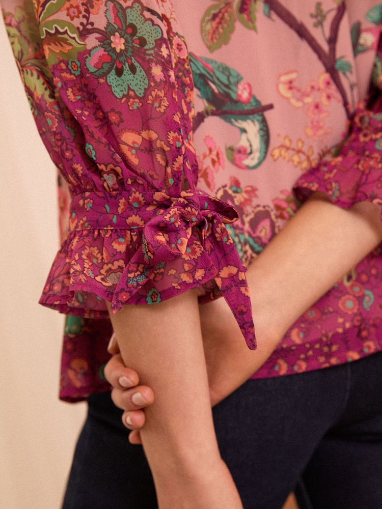 Love & Roses Pink Bird Printed Crew Neck Blouse - Image 2 of 4
