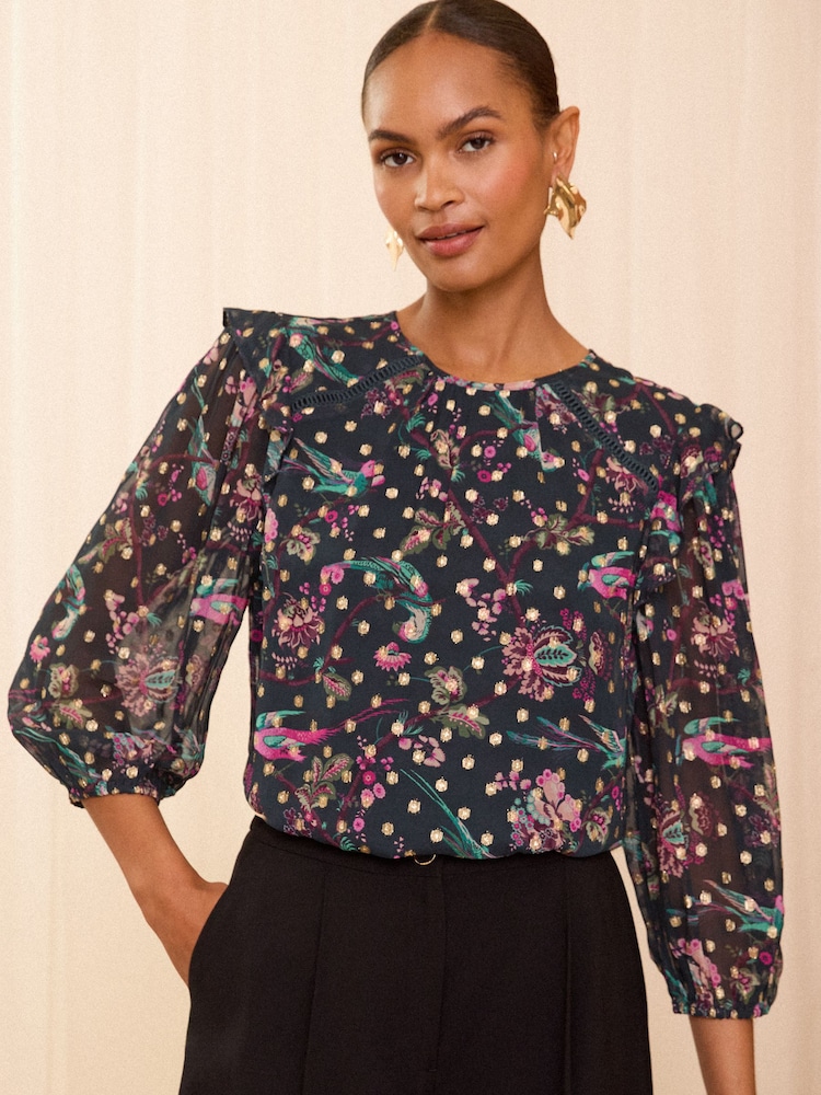 Love & Roses Green Bird Metallic Printed Crew Neck Blouse - Image 1 of 4