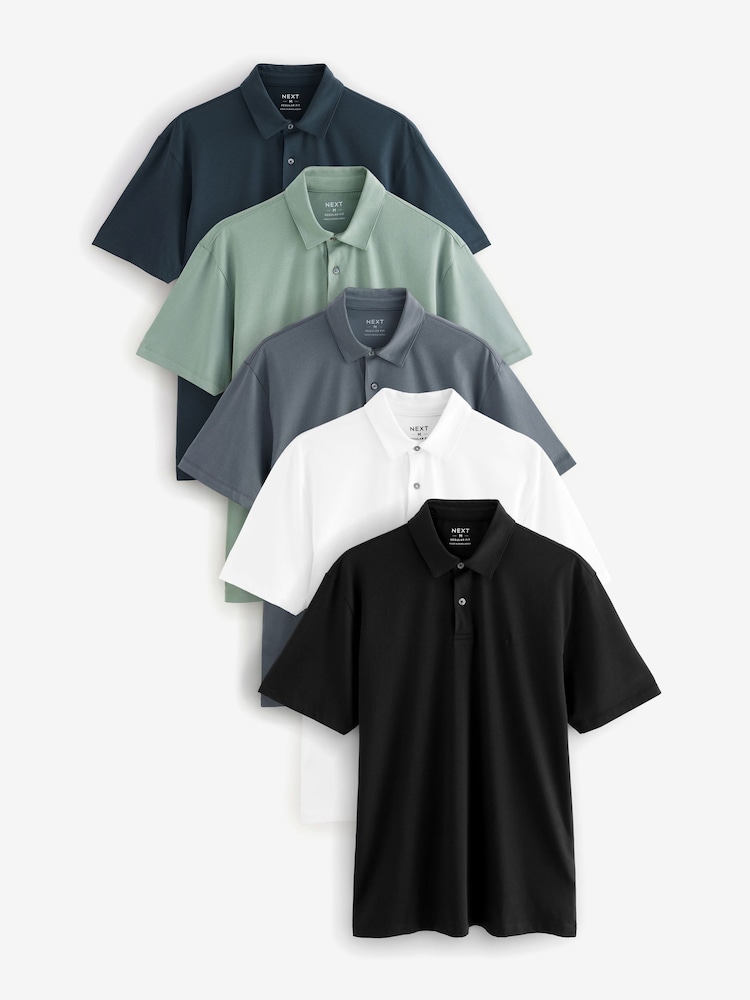 Navy/Brown/Grey/White/Sage Green Regular Fit Short Sleeve Jersey Polo Shirts 5 Pack - Image 1 of 16