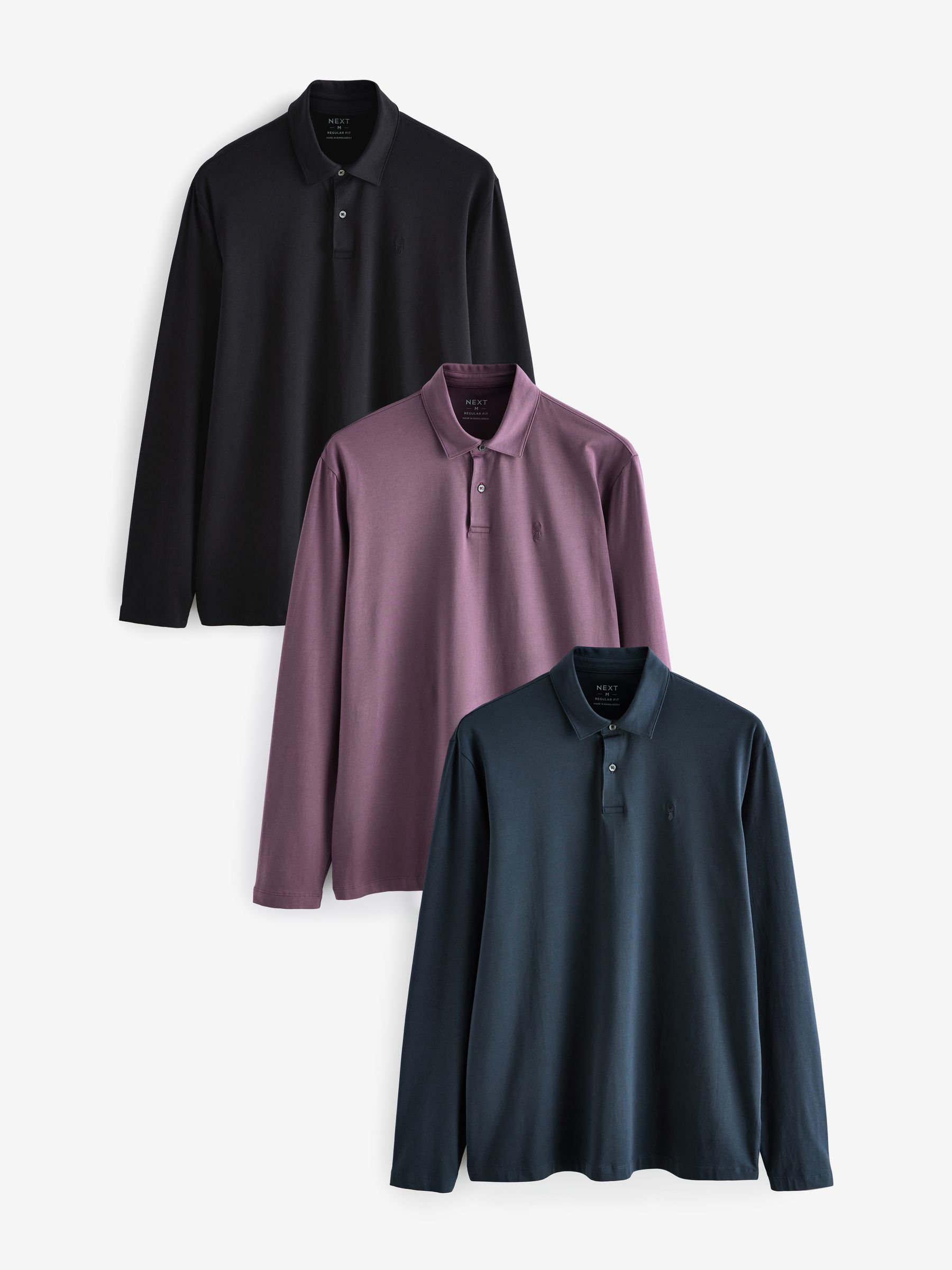 Black Purple Blue Regular Fit Long Sleeve Jersey Polo Shirts 3 Pack