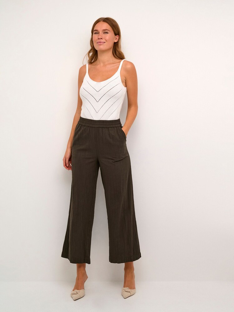 Kaffe Green Pauline Wide Leg Elastic Waist 100% Cotton Trousers - Image 2 of 5