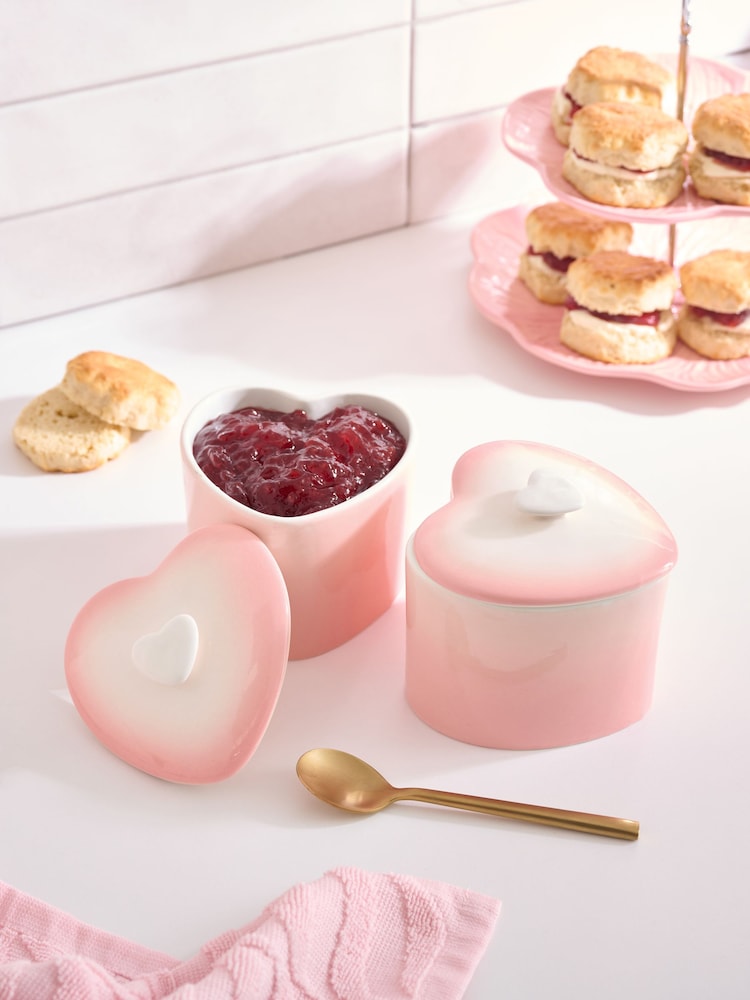Set of 2 Pink Heart Shaped Ramekins - Image 1 of 5 Set of 2 Pink Heart Shaped Ramekins - Image 1 of 5