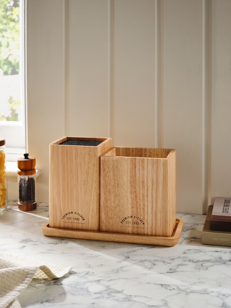 Wood Country Knife Block and Utensil Pot with Tray - Image 2 of 4