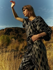 Jigsaw Black Silk Blend Ikat Stripe Trousers - Image 1 of 7