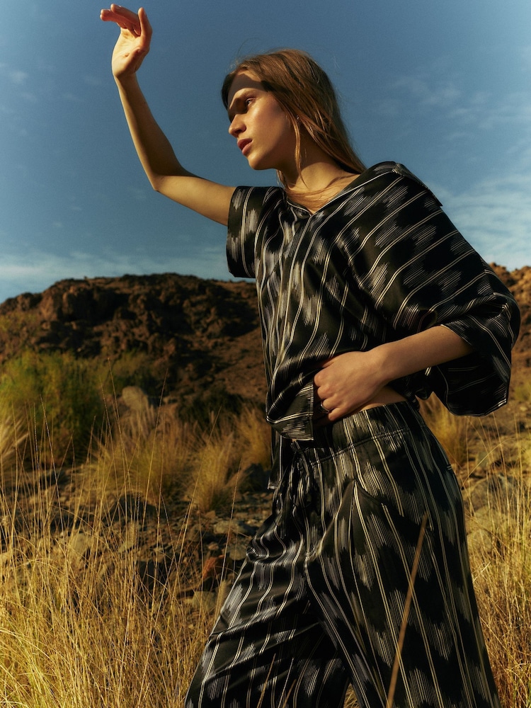 Jigsaw Black Silk Blend Ikat Stripe Trousers - Image 1 of 7