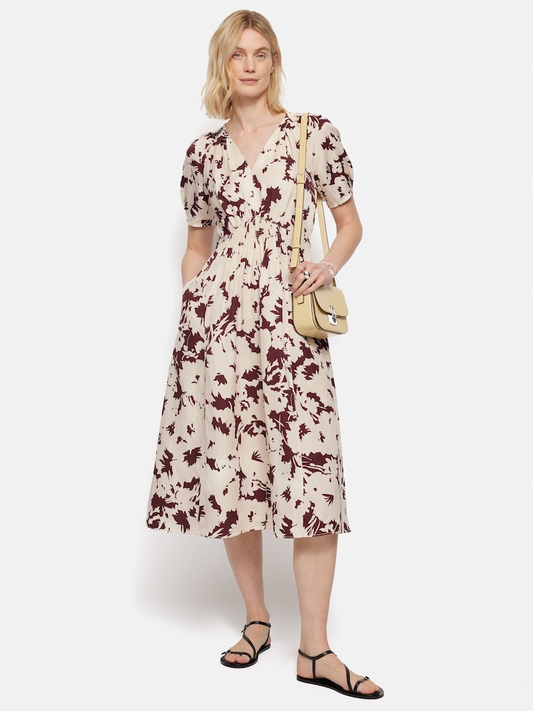Jigsaw Cream Silhouette Peony Smocked Dress With Linen - Image 1 of 7