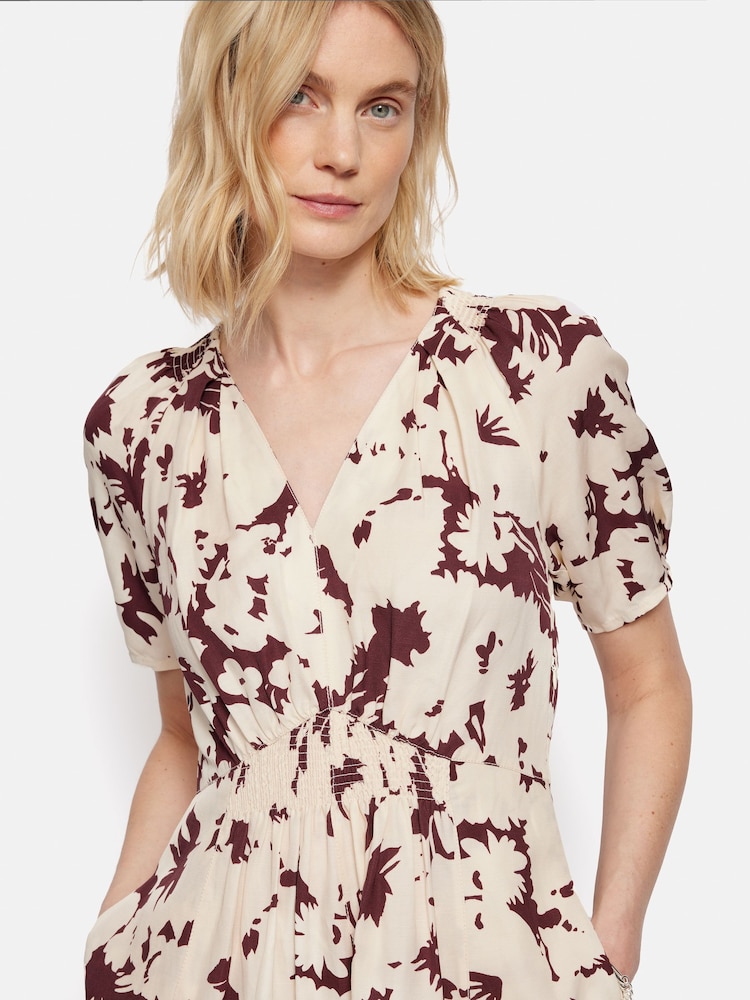 Jigsaw Cream Silhouette Peony Smocked Dress With Linen - Image 2 of 7