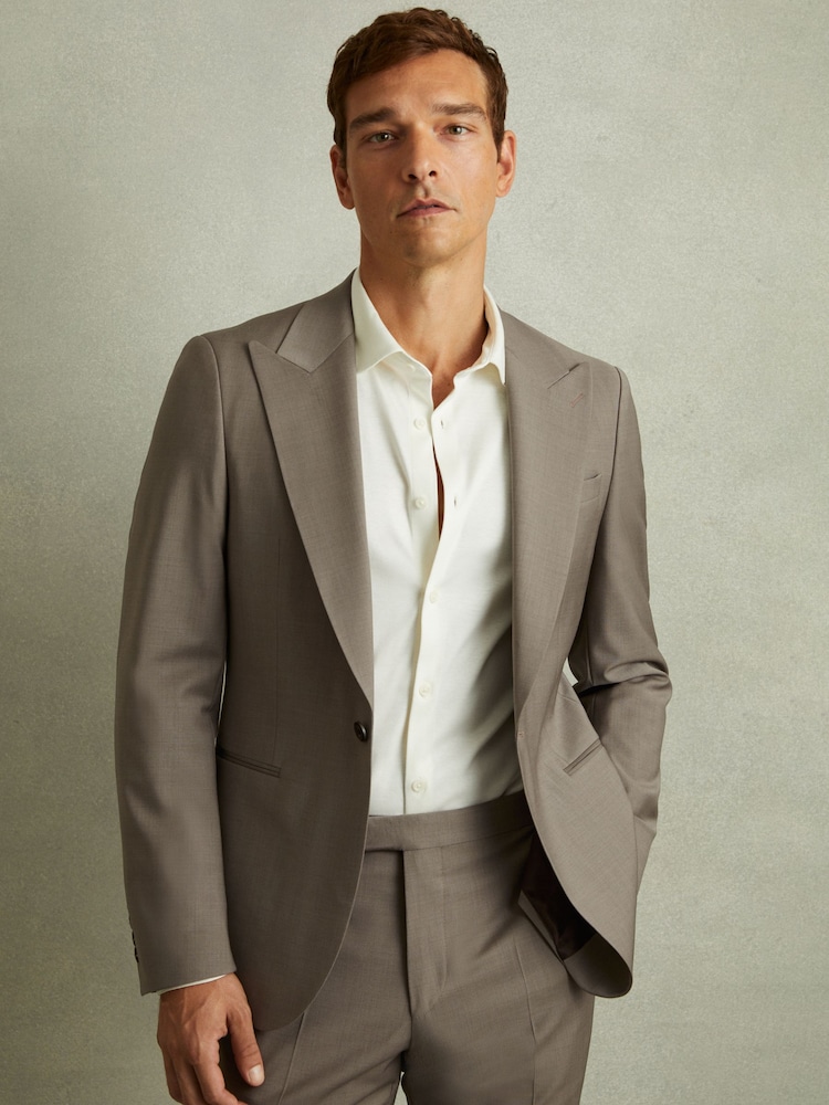 Reiss Mushroom Brown Harley Textured Wool Blend Single Breasted Blazer - Image 1 of 5