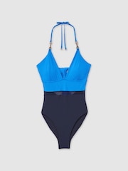 Reiss Blue/Navy Daisy Colourblock Halter Tie Back Swimsuit - Image 2 of 4