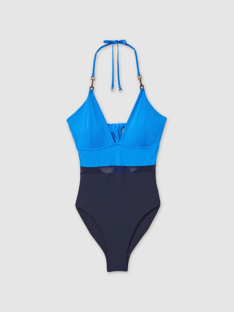 Reiss Blue/Navy Daisy Colourblock Halter Tie Back Swimsuit - Image 2 of 4