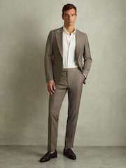 Reiss Mushroom Brown Harley Textured Wool Blend Side Adjuster Tapered Fit Trousers - Image 1 of 5