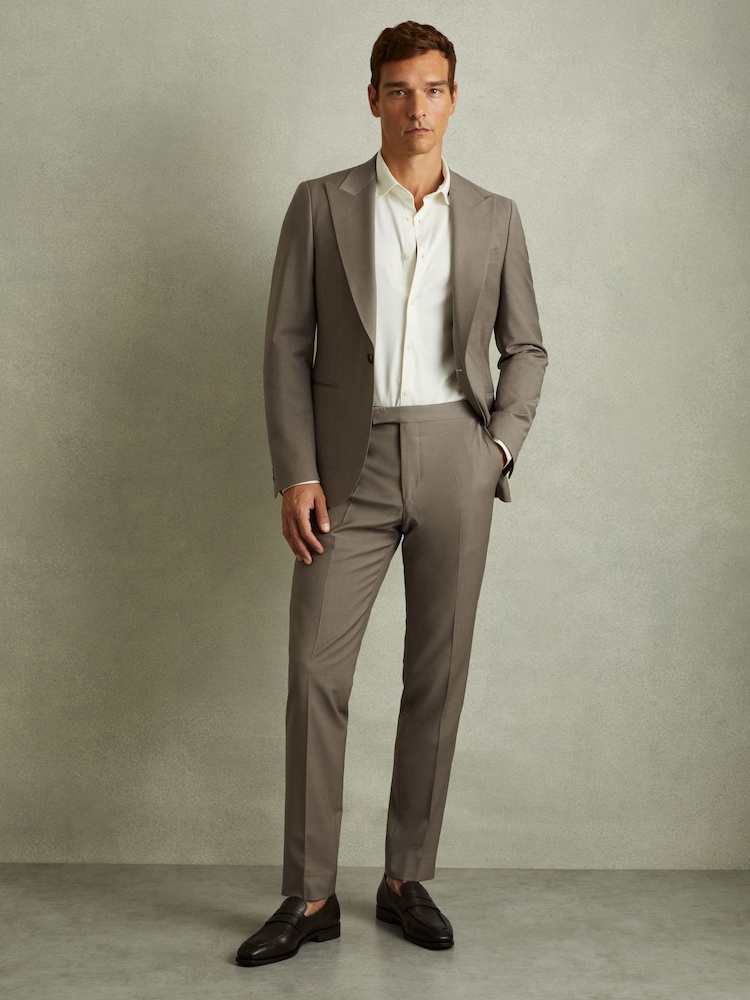 Reiss Mushroom Brown Harley Textured Wool Blend Side Adjuster Tapered Fit Trousers - Image 1 of 5