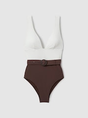 Reiss Ivory/Chocolate Lola Colourblock Belted Swimsuit - Image 2 of 5