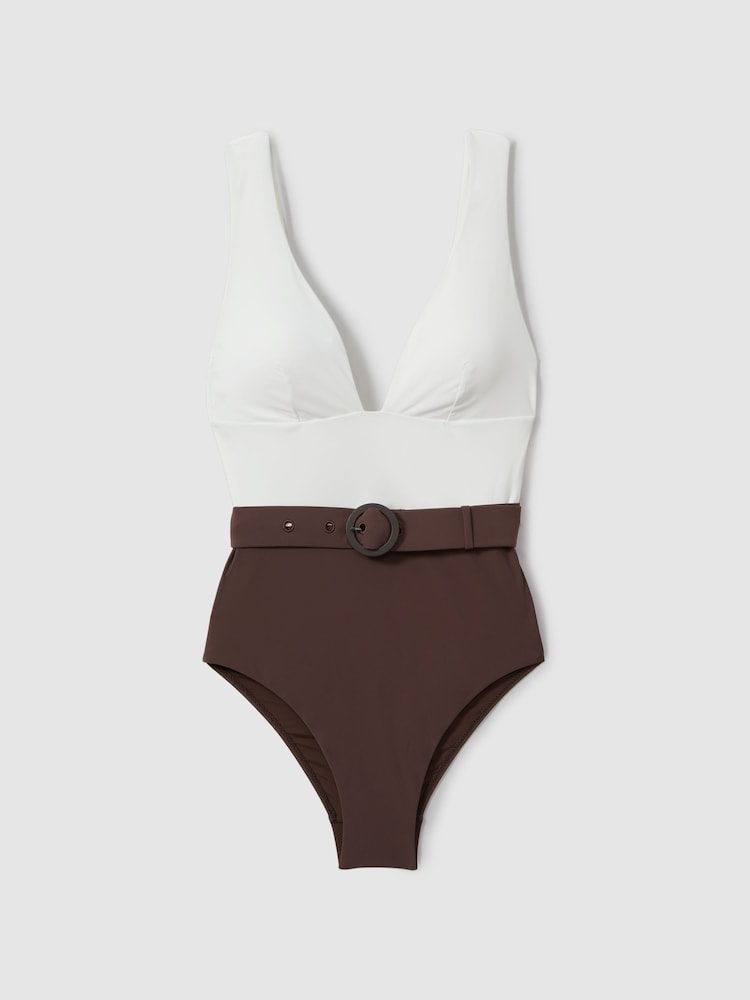 Reiss Ivory/Chocolate Lola Colourblock Belted Swimsuit - Image 2 of 5