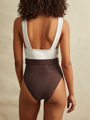 Reiss Ivory/Chocolate Lola Colourblock Belted Swimsuit - Image 3 of 5