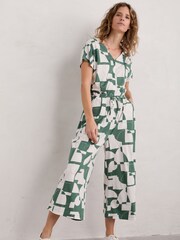 Seasalt Cornwall Green Rose Trellis Linen Blend Wide Leg Jumpsuit - Image 6 of 8