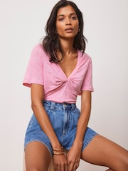 Mint Velvet Pink 100% Linen Twist T-Shirt - Image 1 of 3