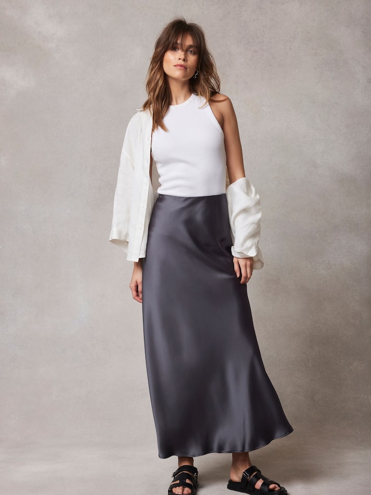 Mint Velvet Grey Satin Maxi Slip Skirt - Image 1 of 8