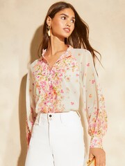 Lipsy Pink Long Sleeve Grandad Collar Blouse - Image 1 of 4