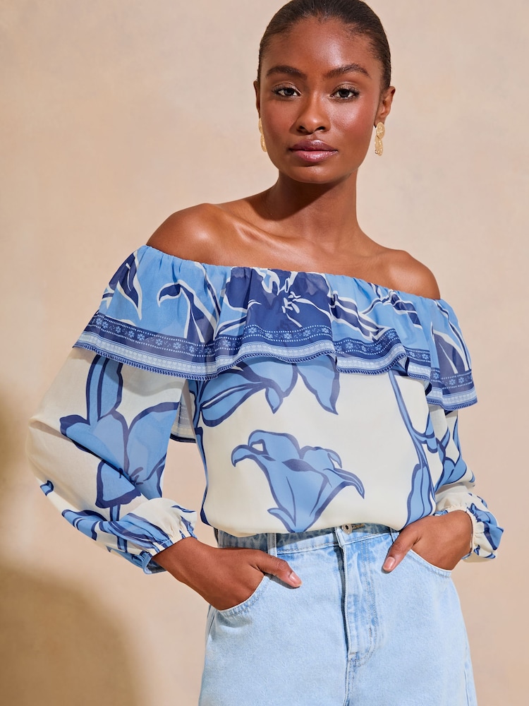 Lipsy Ivory White Chiffon Dobby Printed Bardot Top - Image 1 of 4