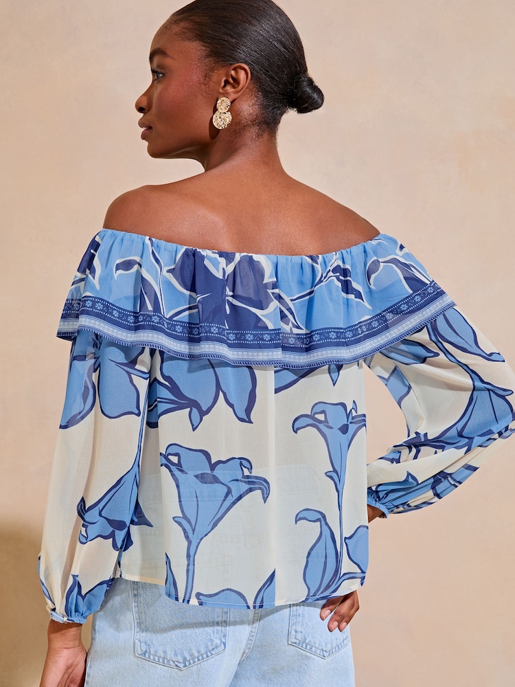 Lipsy Ivory White Chiffon Dobby Printed Bardot Top - Image 2 of 4