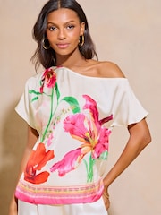 Lipsy Ivory White Printed Satin Slash Neck T-Shirt - Image 1 of 4