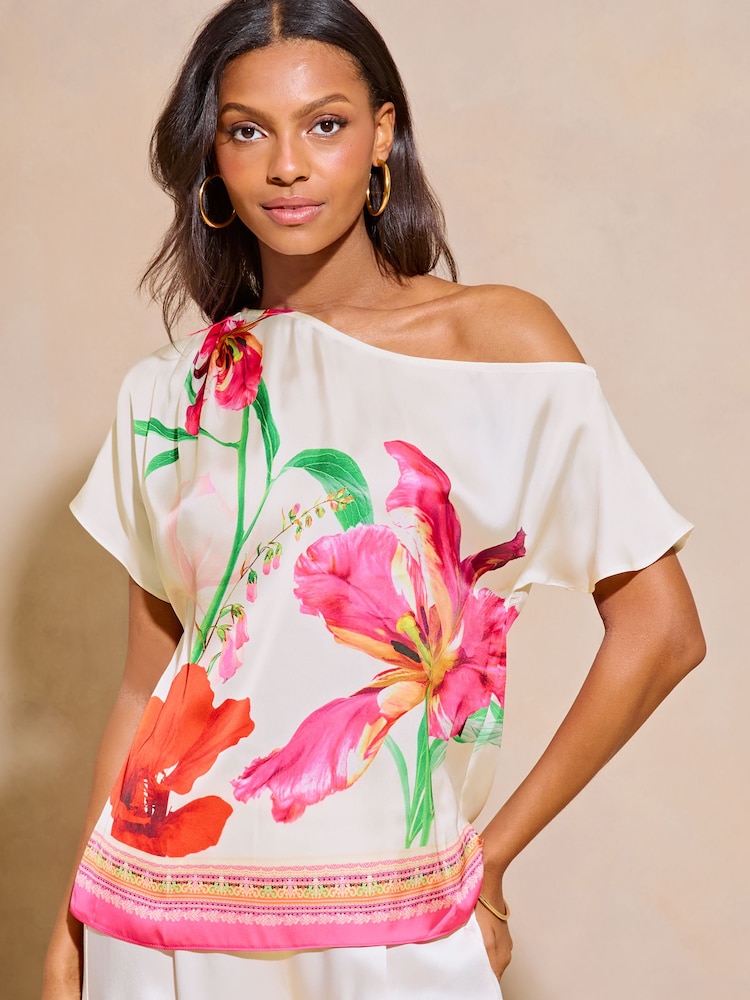 Lipsy Ivory White Printed Satin Slash Neck T-Shirt - Image 1 of 4