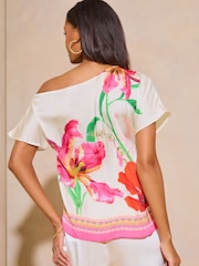 Lipsy Ivory White Printed Satin Slash Neck T-Shirt - Image 2 of 4